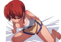 Rule 34 | 1girl, arm support, barefoot, blue eyes, braid, braided ponytail, breasts, cleavage, fu-ta, hair between eyes, highres, looking at viewer, medium breasts, off shoulder, ranma-chan, ranma 1/2, red hair, saotome ranma, short hair, shorts, simple background, solo, tank top, thighs, toes, white background, white tank top, yellow shorts