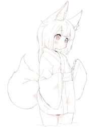 Rule 34 | 1girl, animal ears, bad id, bad twitter id, done (donezumi), expressionless, fox ears, fox tail, japanese clothes, kimono, original, partially submerged, sash, short kimono, simple background, sketch, solo, spot color, tail, wet, white background, wide sleeves