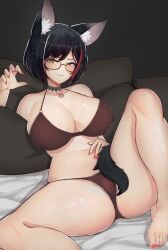 Rule 34 | 1girl, animal ear fluff, animal ears, bare legs, barefoot, black choker, black hair, blush, bra, choker, claw pose, closed mouth, feet, female pubic hair, glasses, highres, hololive, knees up, legs, looking at viewer, multicolored hair, nail polish, on bed, ookami mio, panties, pillow, pubic hair, red bra, red hair, red nails, red panties, short hair, smile, solo, streaked hair, tail, toenail polish, toenails, toes, underwear, underwear only, varniskarnis, virtual youtuber, wolf ears, wolf tail, yellow eyes