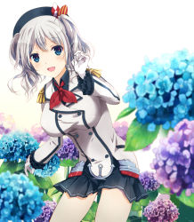 Rule 34 | 1girl, :d, amanatsu yuzuka, beret, blue eyes, breasts, buttons, collared shirt, cowboy shot, epaulettes, floral background, flower, frilled sleeves, frills, gloves, grey shirt, hat, highres, hydrangea, jacket, kantai collection, kashima (kancolle), kerchief, large breasts, long hair, long sleeves, military, military jacket, military uniform, miniskirt, neckerchief, open mouth, pleated skirt, red neckerchief, shirt, sidelocks, silver hair, skirt, smile, solo, tsurime, twintails, uniform, upper body, wavy hair, white gloves, white jacket