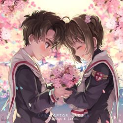 Rule 34 | 10s, 1990s (style), 1boy, 1girl, 2016, antenna hair, blurry, blurry background, blush, bouquet, brown hair, cardcaptor sakura, character name, cherry blossoms, child, copyright name, depth of field, emblem, flower, forehead-to-forehead, from side, hair flower, hair ornament, happy, heads together, kinomoto sakura, laughing, levan, li xiaolang, long sleeves, petals, profile, puffy long sleeves, puffy sleeves, retro artstyle, school uniform, serafuku, short hair, shy, signature, smile, two side up