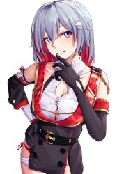 Rule 34 | 1girl, absurdres, black gloves, blush, breasts, button gap, cleavage, elbow gloves, finger to mouth, gloves, hand on own hip, highres, honkai: star rail, honkai (series), medium breasts, multicolored eyes, multicolored hair, open mouth, pyeong-il pyeongil, red hair, short hair, simple background, topaz (honkai: star rail), white background, white hair