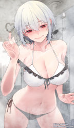 Rule 34 | 1girl, absurdres, armpits, bathroom, bikini, black panties, blurry, blurry background, blush, bra, breasts, cameltoe, cleavage, collarbone, commentary, condensation, contrapposto, cowboy shot, glass writing, heart, highres, jjune, large breasts, looking at viewer, mirror, navel, nose blush, original, panties, red eyes, short hair, sidelocks, smile, solo, standing, steam, swimsuit, symbol-only commentary, thighs, underwear, white bra, white hair, window fog