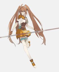 Rule 34 | 1girl, ahoge, antenna hair, breasts, brown hair, cropped jacket, eiyuu densetsu, estelle bright, floating hair, full body, george man, hair between eyes, hajimari no kiseki, highres, holding, holding staff, holding weapon, long hair, looking at viewer, red eyes, sen no kiseki, shoes, simple background, skirt, small breasts, smile, sneakers, solo, staff, tachi-e, thighhighs, twintails, very long hair, weapon, white background