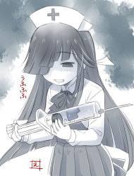 Rule 34 | 1girl, blunt bangs, collared shirt, ebifly, empty eyes, fingernails, greyscale, hair over one eye, hat, hayashimo (kancolle), hime cut, holding, kantai collection, laughing, long hair, long sleeves, monochrome, nurse, nurse cap, one eye covered, oversized object, pleated skirt, shirt, signature, skirt, solo, standing, syringe, wing collar
