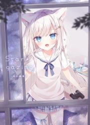 Rule 34 | 1girl, :d, animal ear fluff, animal ears, binoculars, black socks, blue bow, blue eyes, blue skirt, blurry, blurry foreground, blush, bow, braid, cat ears, commentary request, depth of field, english text, hair ornament, hairclip, hoshi (snacherubi), long hair, looking at viewer, low twintails, no shoes, on floor, open mouth, open window, original, plaid, plaid skirt, pleated skirt, sailor collar, shirt, short sleeves, skirt, smile, socks, solo, sweater vest, twin braids, twintails, very long hair, white hair, white sailor collar, white shirt, window, wooden floor