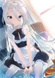 Rule 34 | 1girl, absurdres, aida (chinhung0612), apron, aqua eyes, bag, bed, black bow, black dress, blush, bow, commentary request, curtains, dress, food, frills, grey hair, hair between eyes, highres, long hair, looking at viewer, maid, maid headdress, on bed, original, pancake, pantyhose, plate, sitting, sleeveless, smile, solo, sparkle, very long hair, white apron, white pantyhose, window, wrist cuffs