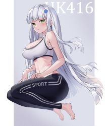 Rule 34 | 1girl, absurdres, bare shoulders, barefoot, black legwear, blunt bangs, blush, bra, breasts, character name, cleavage, covered erect nipples, feet, floating hair, from side, full body, girls&#039; frontline, green eyes, hair ornament, highres, hk416 (girls&#039; frontline), huge filesize, hyoin, large breasts, legs up, linea alba, long hair, looking at viewer, midriff, narrow waist, navel, open mouth, outside border, sidelocks, silver background, silver hair, simple background, solo, sports bra, sportswear, teardrop tattoo, thighs, underwear, very long hair, white bra, wide hips, x hair ornament