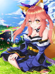 Rule 34 | 1girl, absurdres, animal ear fluff, animal ears, bare shoulders, black legwear, blue kimono, blue ribbon, blush, breasts, cleavage, cloud, cloudy sky, detached sleeves, erdongjinming, fate/extella, fate/extra, fate/extra ccc, fate/grand order, fate (series), fox ears, fox girl, fox tail, grass, hair ribbon, highres, japanese clothes, kimono, large breasts, looking at viewer, nature, outdoors, pink hair, ribbon, sky, solo, tail, tamamo (fate), tamamo no mae (fate/extra), tree, water, waterfall, yellow eyes