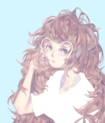 Rule 34 | 1girl, blue background, brown hair, collarbone, curly hair, fortisselle, glasses, highres, long hair, looking at viewer, magda, parted lips, shirt, short sleeves, simple background, solo, t-shirt, the vapors, upper body, white-framed eyewear, white shirt