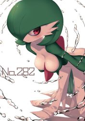 Rule 34 | 1girl, bent over, between breasts, blush, breasts, cleavage, colored skin, creatures (company), dress, full body, game freak, gardevoir, gen 3 pokemon, green hair, hair over one eye, highres, impossible clothes, kashu (hizake), large breasts, nintendo, pokedex number, pokemon, pokemon (creature), red eyes, short hair, simple background, smile, solo, water, white background, white skin