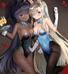 Rule 34 | 2girls, ace (playing card), ace of hearts, animal ears, asuna (blue archive), asuna (bunny) (blue archive), bare shoulders, black hair, black leotard, black pantyhose, blue archive, blue bow, blue bowtie, blue eyes, blue leotard, blush, bow, bowtie, breasts, brown eyes, brown hair, card, cleavage, closed mouth, collar, commentary request, covered navel, dark-skinned female, dark skin, detached collar, elbow gloves, fake animal ears, feet out of frame, fishnet legwear, fishnets, flower, gloves, grin, hair between eyes, hair bow, hair over one eye, hairband, heart, highres, holding, holding card, karin (blue archive), karin (bunny) (blue archive), kubong, leotard, long hair, looking at viewer, medium breasts, multiple girls, pantyhose, petals, playboy bunny, playing card, ponytail, rabbit ears, red flower, red rose, rose, smile, standing, standing on one leg, strapless, strapless leotard, thighband pantyhose, traditional bowtie, very long hair, white collar, white gloves, white hairband, wing collar