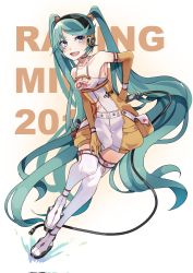 Rule 34 | 1girl, absurdly long hair, aqua hair, cable, character name, copyright name, dated commentary, elbow gloves, english text, flame print, full body, gloves, goodsmile racing, hand on own hip, hatsune miku, highres, kusunokimizuha, long hair, looking at viewer, purple eyes, racing miku, racing miku (2010), simple background, smiley face, solo, text print, twintails, very long hair, vocaloid, wavy hair