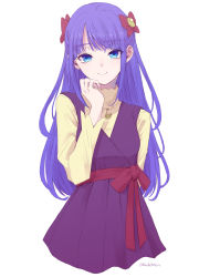 Rule 34 | 1girl, arm behind back, blue eyes, bow, breasts, closed mouth, crescent, crescent necklace, cropped torso, dededeteiu, dress, hair ornament, hand up, highres, jewelry, long hair, long sleeves, looking at viewer, necklace, original, purple dress, purple hair, shirt, simple background, small breasts, solo, twitter username, upper body, white background