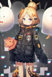 Rule 34 | 1girl, abigail williams (fate), abigail williams (traveling outfit) (fate), balloon, black bow, black jacket, blonde hair, blue eyes, blush, bow, chromatic aberration, closed mouth, commentary request, crossed bandaids, fate/grand order, fate (series), hair bow, hair bun, highres, holding, holding balloon, jacket, kyubi (99b 1226), long hair, long sleeves, medjed (fate), hugging object, official alternate costume, orange bow, parted bangs, polka dot, polka dot bow, single hair bun, sleeves past fingers, sleeves past wrists, solo, stuffed animal, stuffed toy, suction cups, teddy bear, tentacles