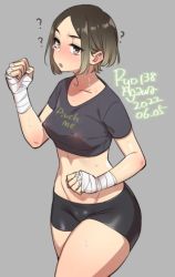 Rule 34 | 1girl, ?, agawa ryou, arm wrap, artist name, bike shorts, black shirt, black shorts, blush, breasts, brown eyes, clothes writing, collarbone, commentary, covered erect nipples, cowboy shot, crop top, cropped shirt, dated, english commentary, grey background, grey hair, medium breasts, nose blush, original, parted bangs, shirt, short hair, shorts, sidelocks, signature, simple background, solo, sweat, swimsuit, t-shirt, thighs