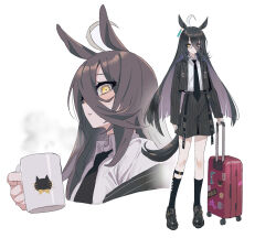 Rule 34 | 1girl, ahoge, alternate costume, animal ears, black footwear, black hair, black jacket, black necktie, black shorts, black socks, closed mouth, collared shirt, commentary, cup, english commentary, hair between eyes, highres, holding, holding cup, horse ears, horse girl, horse tail, jacket, legwear garter, long hair, long sleeves, looking at viewer, manhattan cafe (umamusume), multicolored hair, multiple views, necktie, open clothes, open jacket, parted lips, rolling suitcase, sarcophage, shirt, shirt tucked in, shoes, shorts, socks, steam, streaked hair, suitcase, tail, umamusume, white background, yellow eyes