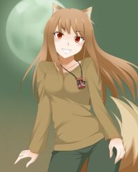 Rule 34 | 1girl, animal ears, blush, brown eyes, brown hair, full moon, highres, holo, jewelry, long hair, looking at viewer, moon, necklace, night, shaito, smile, solo, spice and wolf, tail, wolf ears, wolf tail