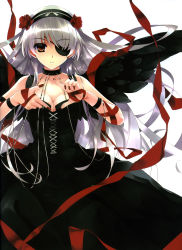 Rule 34 | 1girl, absurdres, angel, angel wings, black wings, breasts, cleavage, copyright request, corset, dress, eyepatch, finger frame, fingernails, flower, hairband, highres, long hair, medium breasts, misaki kurehito, nail polish, ribbon, silver hair, simple background, solo, very long hair, wings, wristband