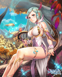 Rule 34 | 1girl, aqua eyes, aqua hair, arm support, bare shoulders, bird, blue eyes, blue sky, braid, breasts, character request, cleavage, cloud, copyright name, day, dress, earrings, feathers, flower, french braid, hair flower, hair ornament, harp, highres, holding, in tree, instrument, jewelry, legband, legs, looking at viewer, mana (remana), medium breasts, official art, outdoors, sidelocks, sitting, sky, solo, soul of crystal, sparkle, thigh strap, tree