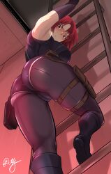 1girl absurdres artist_name ass black_bodysuit blush bodysuit boots breasts climbing_ladder closed_mouth commission dino_crisis fingerless_gloves full_body gloves hanabusa_(xztr3448) highres holster huge_ass indoors knee_boots leotard looking_at_viewer looking_down medium_breasts pixiv_commission red_eyes red_hair regina_(dino_crisis) shadow shiny_clothes short_hair signature skin_tight sleeveless thigh_holster