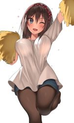 Rule 34 | 1girl, ;d, arm up, blue eyes, blush, bouncing breasts, breasts, brown eyes, brown pantyhose, commentary request, denim, denim shorts, grey shirt, hair between eyes, hairband, kureha (ironika), large breasts, leg up, pantyhose under shorts, looking at viewer, medium hair, one eye closed, open mouth, original, pantyhose, polka dot, polka dot hairband, pom pom (cheerleading), red hairband, shirt, short shorts, short sleeves, shorts, simple background, smile, solo, standing, standing on one leg, sweat, tsubasa (kureha), white background