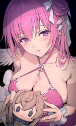 Rule 34 | 1girl, bare shoulders, black background, blush, breasts, cleavage, doll, dorothy (nikke), dorothy (nostalgia) (nikke), from above, goddess of victory: nikke, hair bun, hair ornament, haoni, highres, holding, holding doll, large breasts, long hair, looking at viewer, official alternate costume, parted lips, pink hair, pinne (nikke), purple eyes, simple background, single hair bun, smile, wings