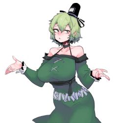 Rule 34 | 1girl, alternate costume, armpit crease, bare shoulders, black hat, breasts, commentary, dress, english commentary, eyelashes, frilled sleeves, frills, green dress, green eyes, green hair, hat, highres, large breasts, long sleeves, looking at viewer, nyong nyong, off-shoulder dress, off shoulder, ofuda, ofuda on clothes, open mouth, short hair, simple background, soga no tojiko, solo, tate eboshi, touhou, white background