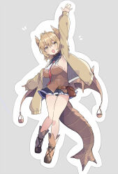 Rule 34 | 1girl, :d, antenna hair, arm up, armpits, bare legs, belt, black panties, black sailor collar, black skirt, blonde hair, boots, breasts, brown belt, brown footwear, brown shirt, dragon girl, dragon horns, dragon tail, fanny pack, floating, full body, gem, grey background, highres, horns, jacket, light blush, long sleeves, looking at viewer, medium breasts, necktie, notice lines, open hand, open mouth, original, outline, pa. (tatuya28001), panties, pantyshot, pleated skirt, red gemstone, red necktie, sailor collar, scales, shirt, simple background, skirt, sleeveless, sleeveless shirt, smile, solo, strapless, strapless shirt, tail, thighs, underwear, white outline, wings, yellow eyes, yellow jacket