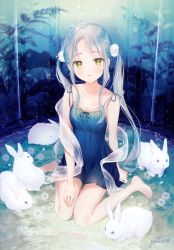 Rule 34 | 1girl, animal, artist name, bare arms, bare legs, bare shoulders, barefoot, blue dress, blue nails, blue ribbon, blush, breasts, closed mouth, collarbone, commentary request, dress, gomzi, hair ornament, long hair, looking at viewer, nail polish, original, parted lips, plant, rabbit, ribbon, signature, sitting, small breasts, solo, twintails, very long hair, water, yellow eyes