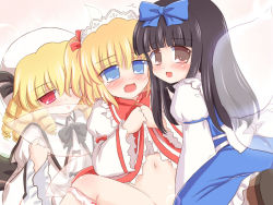 Rule 34 | 3girls, black hair, blonde hair, blue eyes, blush, bow, brown eyes, brown hair, clothes lift, drill hair, fairy, fang, female focus, hair bow, hair ribbon, licking, long hair, luna child, multiple girls, nude, out-of-frame censoring, panties, panties around leg, perfect memento in strict sense, red eyes, ribbon, ry (yagoyago), short hair, skirt, skirt lift, star sapphire, sunny milk, tears, tongue, touhou, twintails, underwear, wings, yellow eyes
