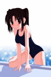 Rule 34 | 1girl, black one-piece swimsuit, blush, kannagi youko, looking at viewer, one-piece swimsuit, pool, poolside, school swimsuit, solo, sparkle, swimsuit, tokino, twintails, ukagaka, wet