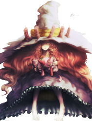 Rule 34 | 10s, 1girl, absurdres, anna (granblue fantasy), barefoot, big hair, black dress, bloomers, boku (bo ku), candle, dress, frilled dress, frills, full body, granblue fantasy, green eyes, hair over one eye, hat, highres, long hair, looking at viewer, red hair, signature, simple background, sitting, solo, stuffed animal, stuffed cat, stuffed toy, underwear, very long hair, wavy hair, witch hat