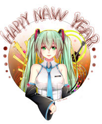 Rule 34 | 10s, 1girl, 2016, absurdres, artist name, bare shoulders, breasts, dated, detached sleeves, english text, engrish text, green eyes, green hair, guitar, happy new year, hatsune miku, highres, instrument, matching hair/eyes, necktie, new year, ranguage, rhode, smile, solo, twintails, vocaloid
