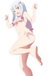 Rule 34 | 1girl, :d, absurdres, barefoot, bikini, blue eyes, bow, breasts, cleavage, eromanga sensei, feet, from below, front-tie top, fukuri, groin, hair bow, highres, izumi sagiri, leg up, long hair, looking at viewer, navel, open mouth, red bow, side-tie bikini bottom, sideboob, silver hair, simple background, small breasts, smile, solo, standing, standing on one leg, swimsuit, toes, underboob, very long hair, white background, white bikini