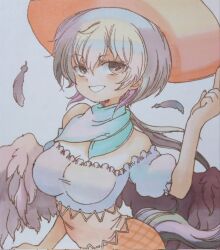 Rule 34 | 1girl, bare shoulders, black hair, black wings, breasts, brown hat, feathered wings, feathers, hat, highres, horse girl, horse tail, kurokoma saki, large breasts, medium breasts, multicolored clothes, nishina masato, puffy short sleeves, puffy sleeves, short sleeves, smile, solo, tail, touhou, traditional media, upper body, wings