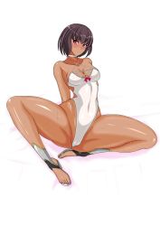 Rule 34 | 1girl, alternate hairstyle, arm support, ass, bare legs, bare shoulders, bed, blush, breasts, brown hair, cameltoe, cleavage, covered navel, dark-skinned female, dark skin, earrings, embarrassed, highleg, highleg swimsuit, highres, huge ass, jewelry, lips, medium breasts, mizuki yukikaze, mizuki yukikaze (future), nado.e, nail polish, on bed, one-piece swimsuit, partially visible vulva, pink eyes, sandals, shiny clothes, shiny skin, short hair, simple background, sitting, skin tight, smile, solo, spread legs, sweat, swimsuit, taimanin (series), taimanin rpgx, taimanin yukikaze, wet, white one-piece swimsuit