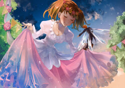Rule 34 | 1boy, 1girl, breasts, brown hair, choker, cleavage, closed eyes, curtsey, diane (nanatsu no taizai), dress, dusk, eyelashes, fairy wings, flower, formal, head wreath, king (nanatsu no taizai), large breasts, light particles, mikan528, mini person, miniboy, nanatsu no taizai, pink flower, size difference, smile, string of flags, suit, white dress, wings, yellow flower