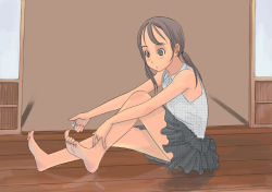Rule 34 | 1girl, bare shoulders, barefoot, feet, kiriman (souldeep), legs, low twintails, nail clippers, on floor, original, applying pedicure, sitting, skirt, sleeveless, soles, solo, toe-point, toe scrunch, toes, twintails, wooden floor