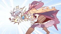 Rule 34 | 2girls, bag, blonde hair, blue hair, brown bag, brown footwear, cross, game cg, gloves, handbag, hands on own head, hat, hat ribbon, highres, holding, holding staff, holding weapon, knees, little witch nobeta, long hair, monica (little witch nobeta), multiple girls, nobeta, non-web source, official art, open mouth, pain, purple hat, ribbon, shoes, spoilers, staff, straight hair, thighhighs, weapon, white footwear, white gloves, witch hat, zettai ryouiki