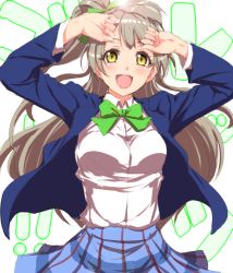 Rule 34 | 10s, 1girl, arms up, blazer, blush, bow, breasts, brown eyes, brown hair, clearite, dress shirt, hair bow, highres, jacket, long hair, looking at viewer, love live!, love live! school idol project, medium breasts, minami kotori, open clothes, open jacket, open mouth, school uniform, shirt, side ponytail, skirt, smile, solo, yellow eyes