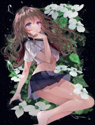 Rule 34 | 1girl, arm behind back, bare legs, barefoot, black background, blue sailor collar, blue skirt, blush, brown hair, closed mouth, crop top, dogwood (flower), floral background, flower, hand up, highres, leaf, legs, long hair, looking at viewer, looking back, lying, microskirt, midriff, neckerchief, on side, original, plant, pleated skirt, puracotte, purple eyes, red neckerchief, sailor collar, school uniform, serafuku, shirt, short sleeves, skirt, smile, solo, tears, white flower, white serafuku, white shirt