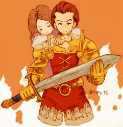 Rule 34 | 1boy, 1girl, armor, blush, brother and sister, brown hair, closed eyes, delita heiral, expressionless, final fantasy, final fantasy tactics, ghost, holding, holding weapon, hug, overalls, red overalls, siblings, smile, sword, tietra heiral, trpy tc, two-tone background, upper body, weapon, yellow armor