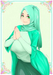 Rule 34 | breasts, dress, green eyes, green skirt, green sweater, highres, hijab, large breasts, looking at viewer, nail polish, nigaw, original, own hands together, skirt, smile, solo, sweater