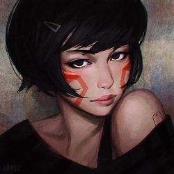 Rule 34 | 1girl, artist name, bare shoulders, black hair, brown eyes, closed mouth, expressionless, facial tattoo, guweiz, hair ornament, hairclip, head tilt, lips, looking at viewer, off-shoulder, off-shoulder sweater, original, short hair, solo, sweater, tattoo, upper body