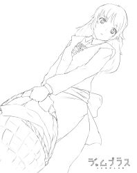 Rule 34 | 1girl, apron, basket, blush, brave fencer musashiden, breasts, brown hair, dress, dutch angle, female focus, greyscale, highres, jam (musashiden), lineart, long hair, looking at viewer, love plus, monochrome, nanasyu, open mouth, parody, sideways, simple background, small breasts, solo, standing, teeth, waist apron, white background