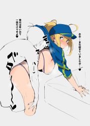 Rule 34 | 1boy, 1girl, ahoge, arm support, artoria pendragon (fate), blonde hair, blue eyes, blush, breasts, clothed sex, cropped legs, fate/grand order, fate (series), hair between eyes, hat, head under another&#039;s clothes, hetero, highres, jikatarou, medium breasts, mysterious heroine x (fate), mysterious heroine xx (fate), ponytail, sex, shrug (clothing), sideboob, solo focus, standing, standing sex, sweat, text focus, translated, under another&#039;s clothes, white background