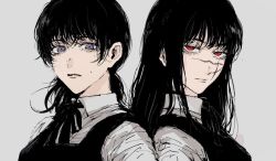 Rule 34 | 2girls, black hair, chainsaw man, collared shirt, dress, dual persona, expressionless, facial scar, grey eyes, looking at viewer, low twintails, medium hair, mitaka asa, multiple girls, neck ribbon, nervous, parted lips, pinafore dress, red eyes, ribbon, ringed eyes, scar, scar on cheek, scar on face, scar on nose, school uniform, shirt, simple background, sketch, sleeveless dress, sweat, twintails, white background, white shirt, yoru (chainsaw man), yukke (nama29 umai)