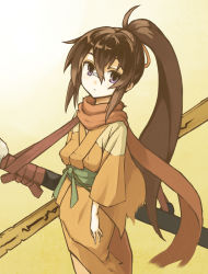 Rule 34 | 1girl, ahoge, bandages, bandaid, bandaid on face, bandaid on nose, brown hair, expressionless, gradient background, hair between eyes, hair ornament, huge weapon, japanese clothes, kimono, long hair, obi, original, patch, ponytail, purple eyes, sash, scarf, senhappyaku, simple background, solo, torn clothes, weapon, yellow background