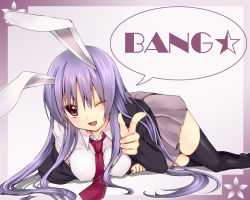 Rule 34 | 1girl, ;d, animal ears, black thighhighs, breasts, covered erect nipples, female focus, finger gun, grey skirt, large breasts, long hair, lying, miniskirt, necktie, on stomach, one eye closed, open mouth, pleated skirt, pointing, purple hair, rabbit ears, red eyes, red necktie, reisen udongein inaba, simple background, skirt, smile, solo, suimen, thighhighs, touhou, very long hair, wink, zettai ryouiki